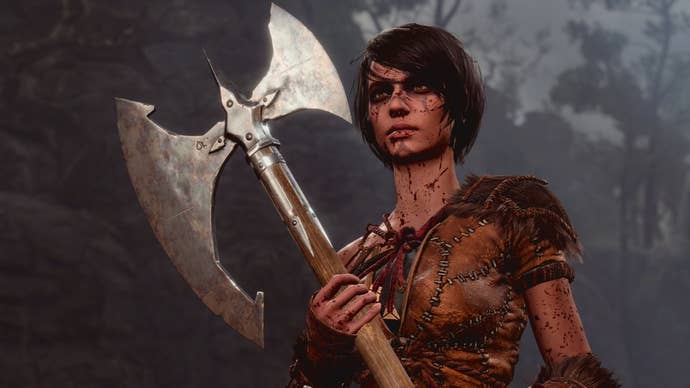 A female barbarian from Baldur’s Gate, holding a massive axe