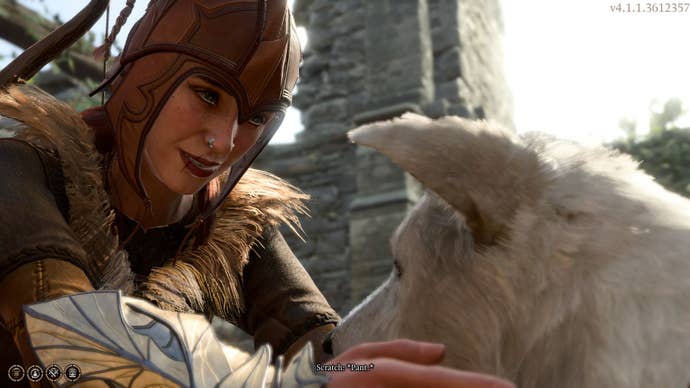 The player character in Baldur’s Gate 3, a half elf in a leather helmet, pets a white mongrel dog called scratch