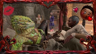 An image taken using Baldur's Gate 3's photo mode showing a lizard reclining sexily while other characters look on admiringly. Stickers in the shape of lipstick and hearts have been plastered on top and the whole thing is surrounding by a garish red photo frame.