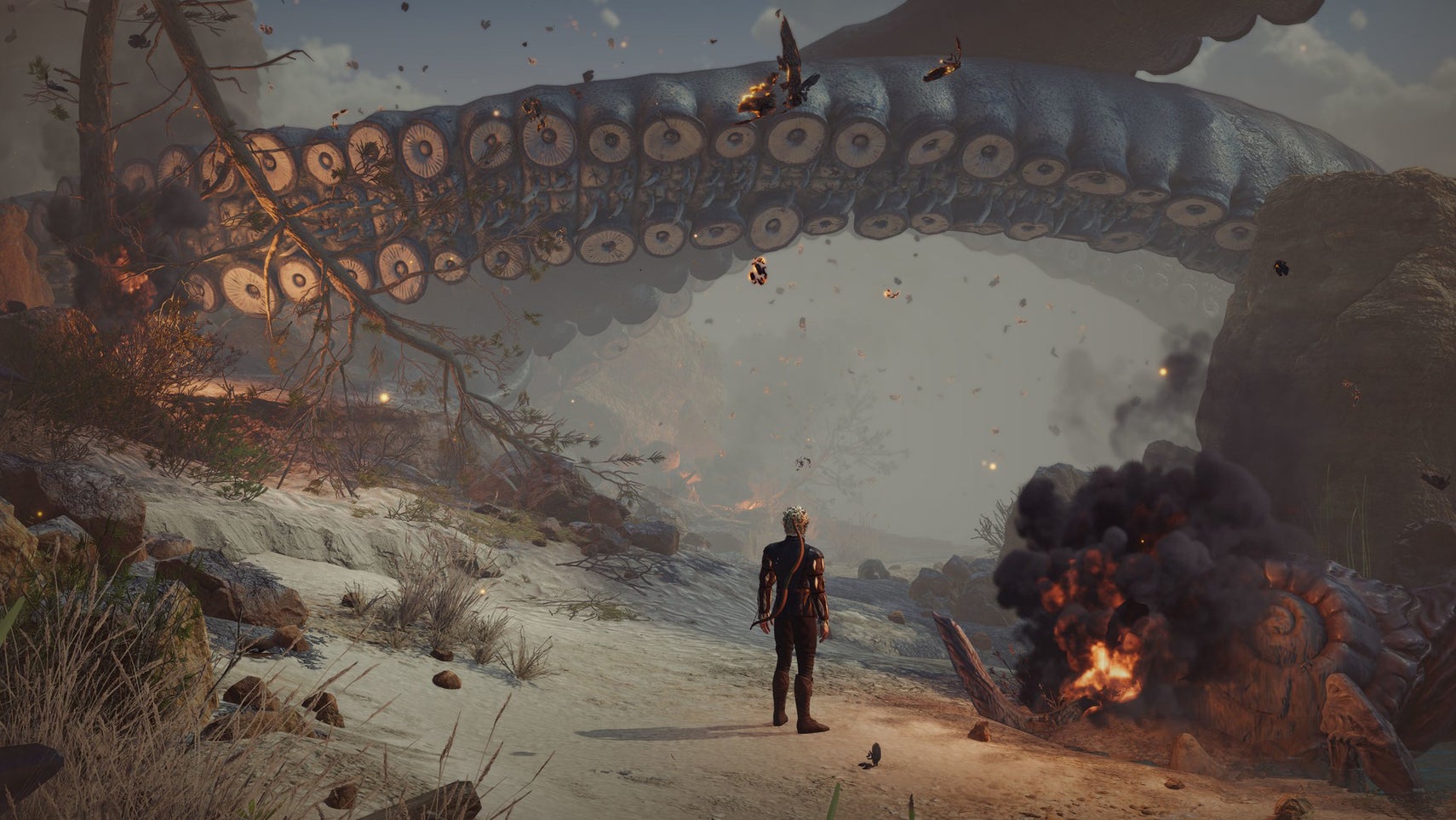 Baldur's Gate 3 still showing a person with a bow attached to their back stood in front of giant tentacles. - 1