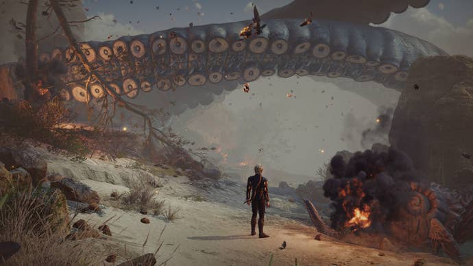 Baldur’s Gate 3 still showing a person with a bow attached to their back stood in front of giant tentacles.