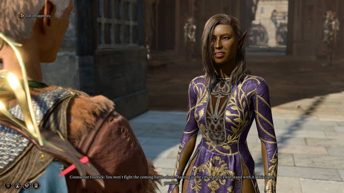 Tav speaking to Florrick outside of prison in Baldur’s Gate 3.