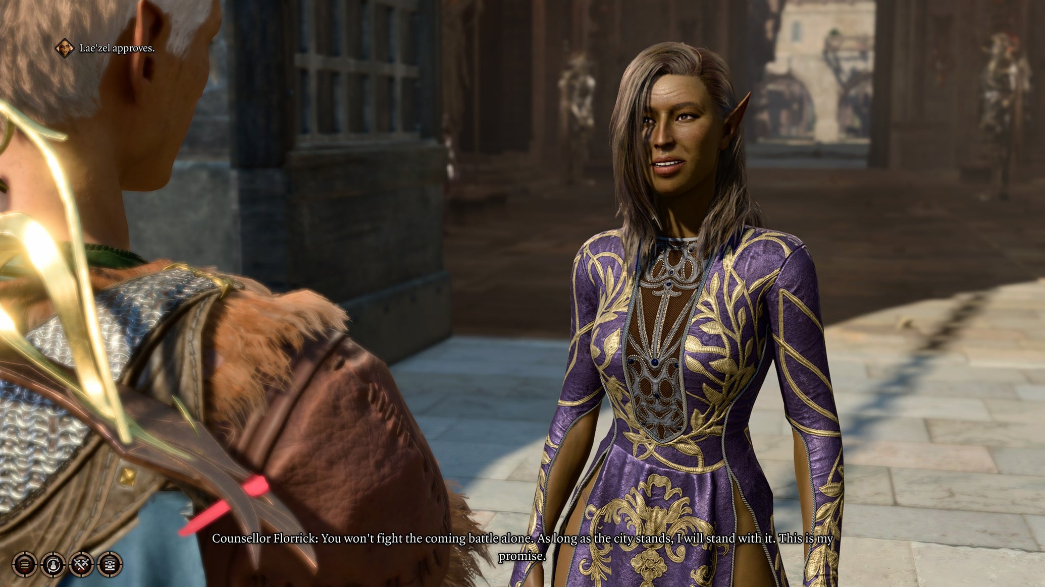 Tav speaking to Florrick outside of prison in Baldur's Gate 3. - 1