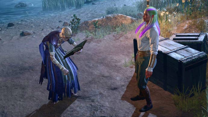 Withers speaks to a charater at the camp in Baldur’s Gate 3.