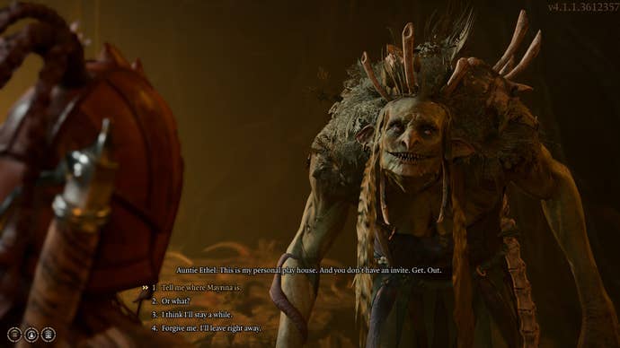 Threatening and being threatened by a hag, a creature that looks like an old woman made of mushrooms and wood, in Baldur’s Gate 3