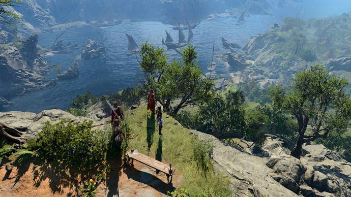 Looking out at a vista in Baldur’s Gate 3: the port and bay outside the titular city