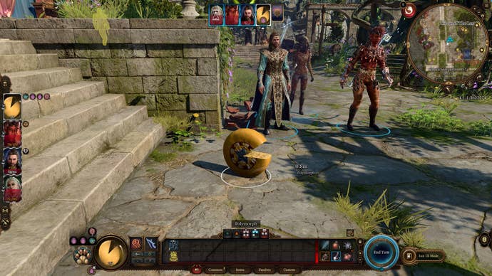 The player character in Baldur’s Gate 3, having been turned into a wheel of cheese