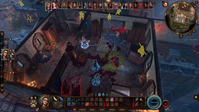 Ein intensiver rundenbasierter Kampf in Baldur's Gate 3. Eine Taverne wurde von dämonischen Monstern angegriffen.