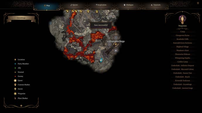 A map screen showing the location of the Sentient Amulet inside Grymforge in Baldur's Gate 3.