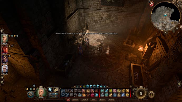 Tav and his party interacting with the Sentient Amulet Monk's sarcophagus in Baldur's Gate 3.