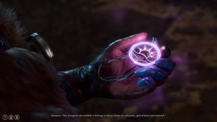 Tav talking to the glowing Sentient Amulet in Baldur’s Gate 3.