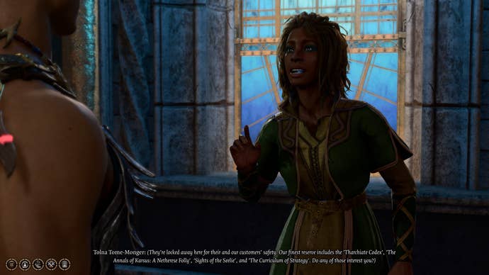 The Sorcerous Sundries bookseller, Tolna, discussing the secret vault in Baldur's Gate 3.