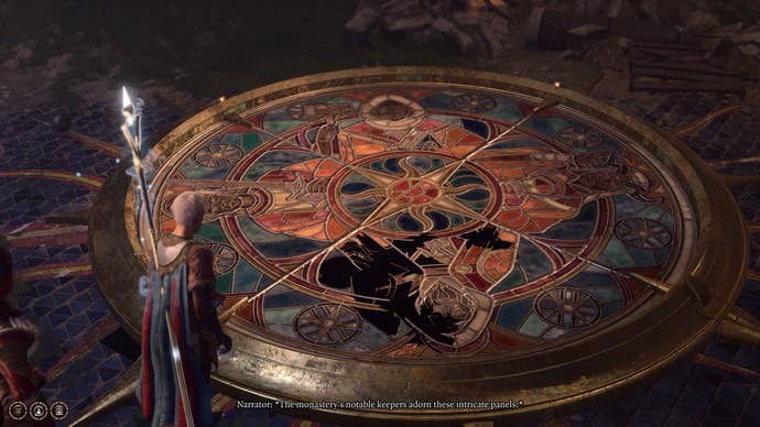 Tav interacting with the stained-glass window puzzle in Baldur’s Gate 3