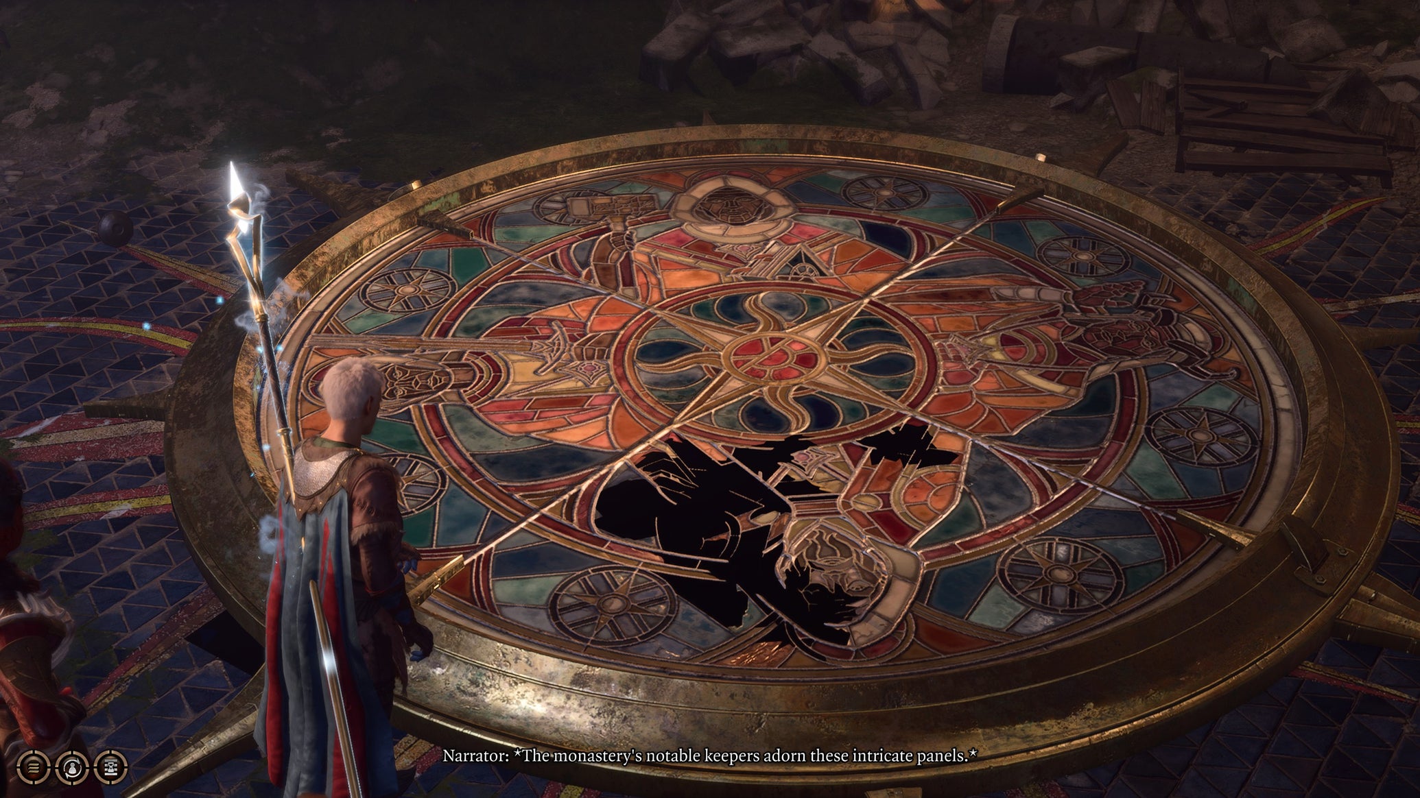 Tav interacting with the stained-glass window puzzle in Baldur's Gate 3 - 1