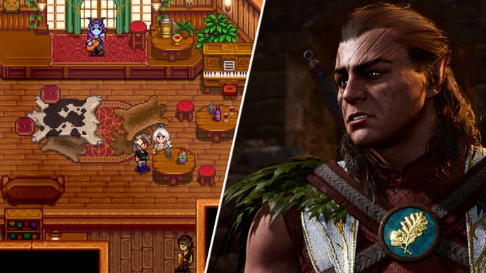 Halsin in Baldur’s Gate 3 opposite a bunch of characters in a tavern in Stardew Valley mod Baldur’s Village.