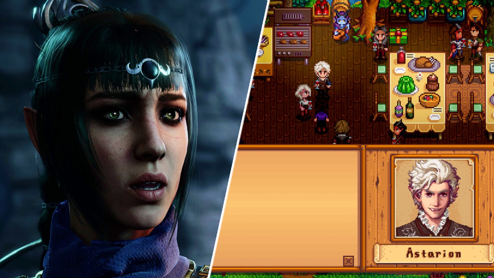 Shadowheart in Baldur's Gate 3 opposite Astarion in Stardew Valley. - 1