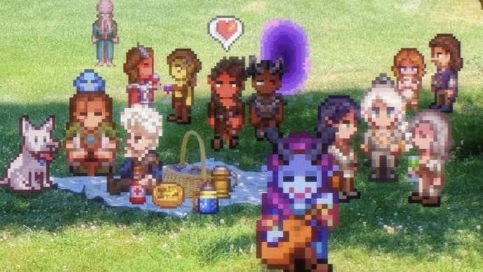 A bunch of Baldur’s Gate 3 characters having a picnic in Stardew Valley.