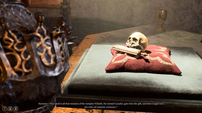 Tav interacting with the skull of Vellioth inside Szarr's Palace in Baldur's Gate 3.