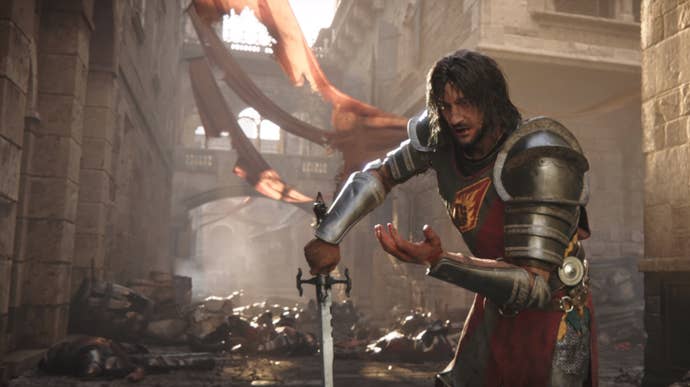 A knight runs through the city of Baldur’s Gate, under attack from mysterious tentacles, in a screenshot from the cinematic teaser trailer