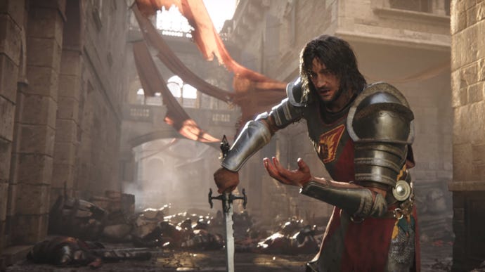 A knight runs through the city of Baldur’s Gate, under attack from mysterious tentacles, in a screenshot from the cinematic teaser trailer