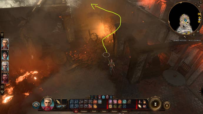 Tav running through a burning building to save the trapped man in Baldur's Gate 3