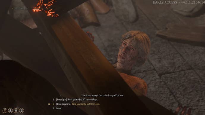 Tav lifting a wooden beam from over the trapped man in Baldur's Gate 3