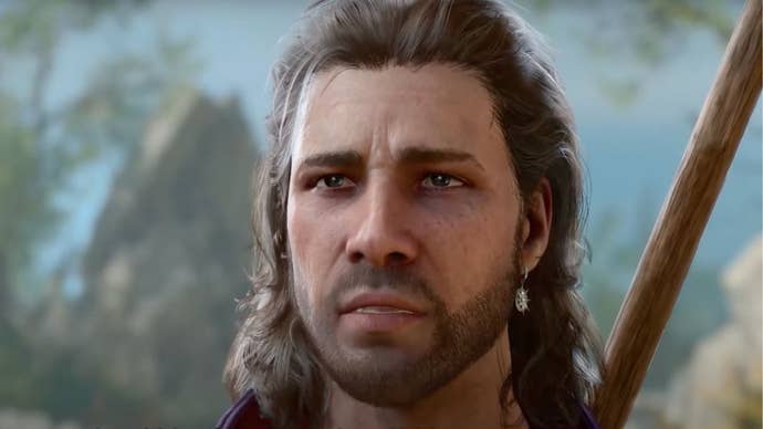 Gale, a Wizard companion in Baldur’s Gate 3, shows a face of concern.