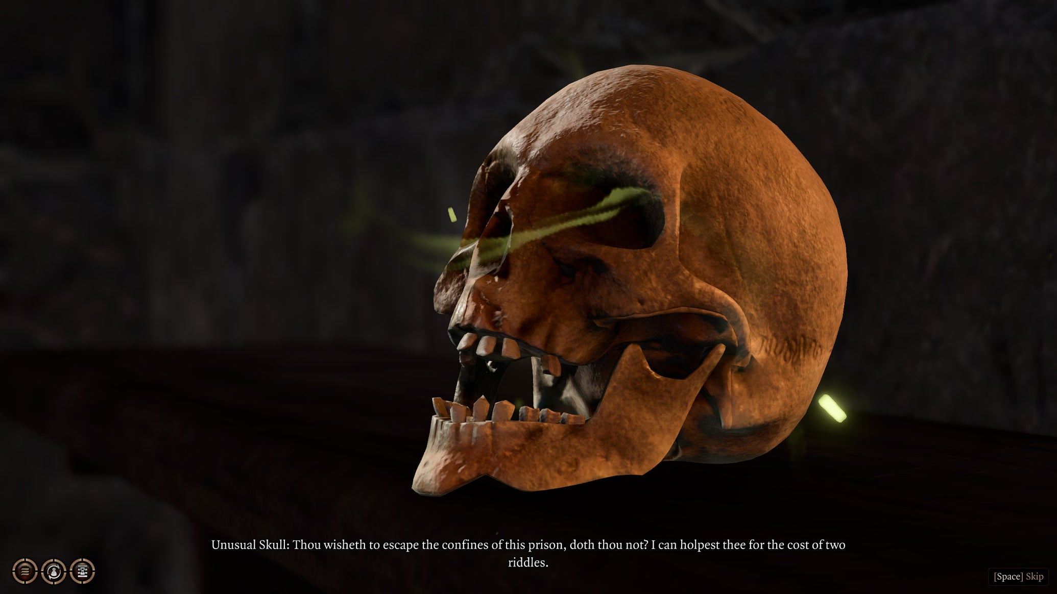 A magical skull that quizzes Tav and their party with riddles in the Wyrm's Rock prison in Baldur's Gate 3. - 1