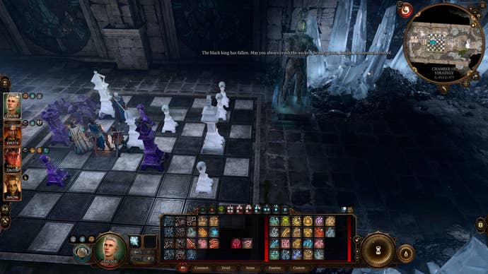 Gale moving chess pieces to solve the puzzle in the Chamber of Strategy inside the Wyrmway in Baldur's Gate 3.
