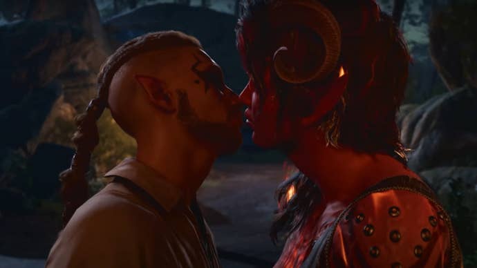 A player kissing Karlach in Baldur’s Gate 3.