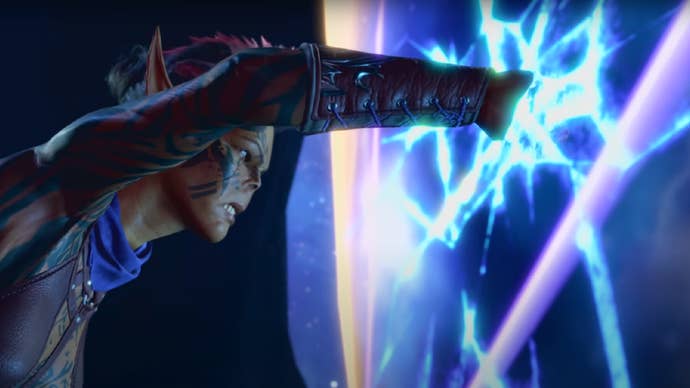 A Githyanki punching a thing in Baldur’s Gate 3.