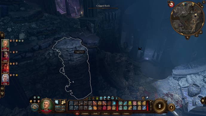 Tav climbing down some rocks in search of a way to break Yurgir's contract in Baldur's Gate 3
