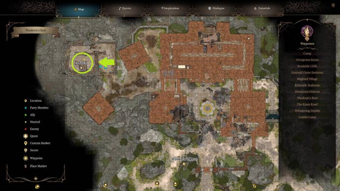A map of Waukeen's Rest in Baldur's Gate 3 with the entrance to the Zhentarim Hideout highlighted.