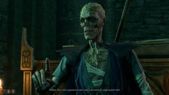 A withered corpse man asks the player a question in a dank crypt in Baldur’s Gate 3