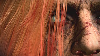 A very close close-up of Bertie's long orange-haired human character in Baldur's Gate 3. They are tainted by black veins and blood is spattered on their face. They do not look happy.
