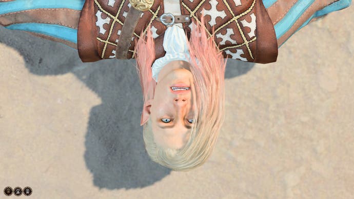 A fair-haired and very handsome elven character lying on the sand, looking up at the camera, with a concerned look on their face.