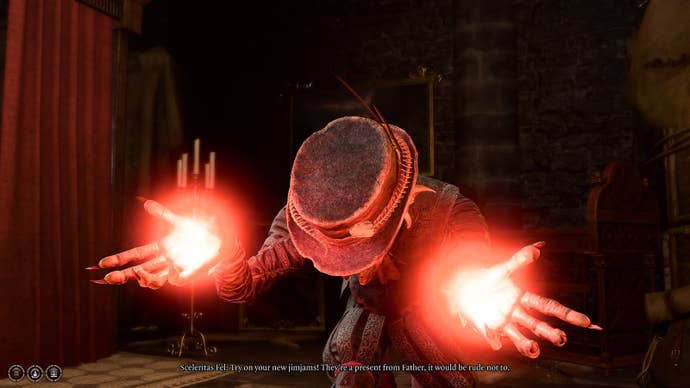 Sceleritas Fel, the goblin-like demon butler in Baldur’s Gate 3, bows as his large hands glow red either side of him.