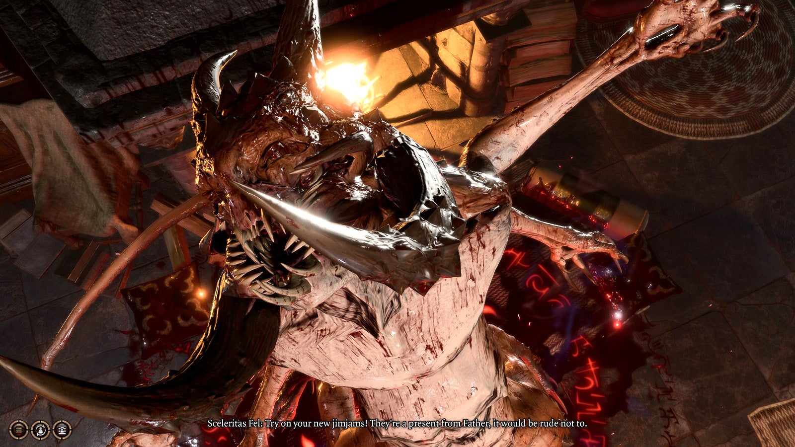 A top-down view of a horned, spiny, toothy, claw-y monster erupting from where a human character used to be in Baldur&rsquo;s Gate 3.