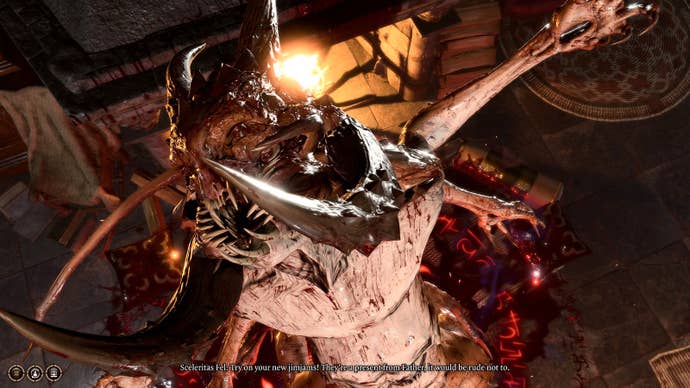 A top-down view of a horned, spiny, toothy, claw-y monster erupting from where a human character used to be in Baldur’s Gate 3.