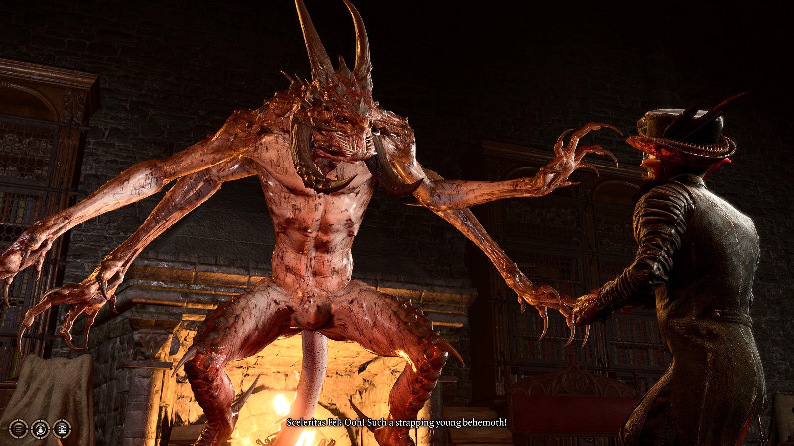 A four-armed, horned demon stands towering above a goblin character in Baldur&rsquo;s Gate 3. That&rsquo;s Bertie that is.