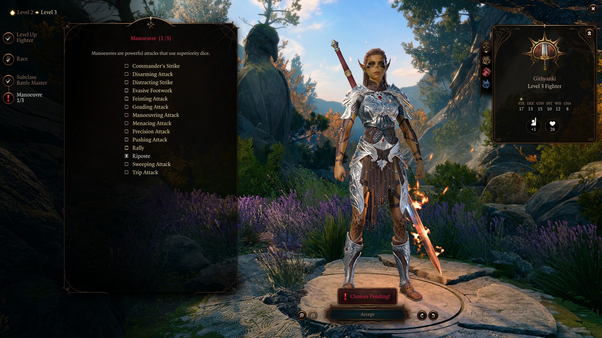 Levelling up in Baldur&rsquo;s Gate 3. Plate-armoured Githyanki warrior Lae&rsquo;zel chooses her Battle Master abilities.