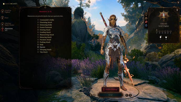 Levelling up in Baldur’s Gate 3. Plate-armoured Githyanki warrior Lae’zel chooses her Battle Master abilities.