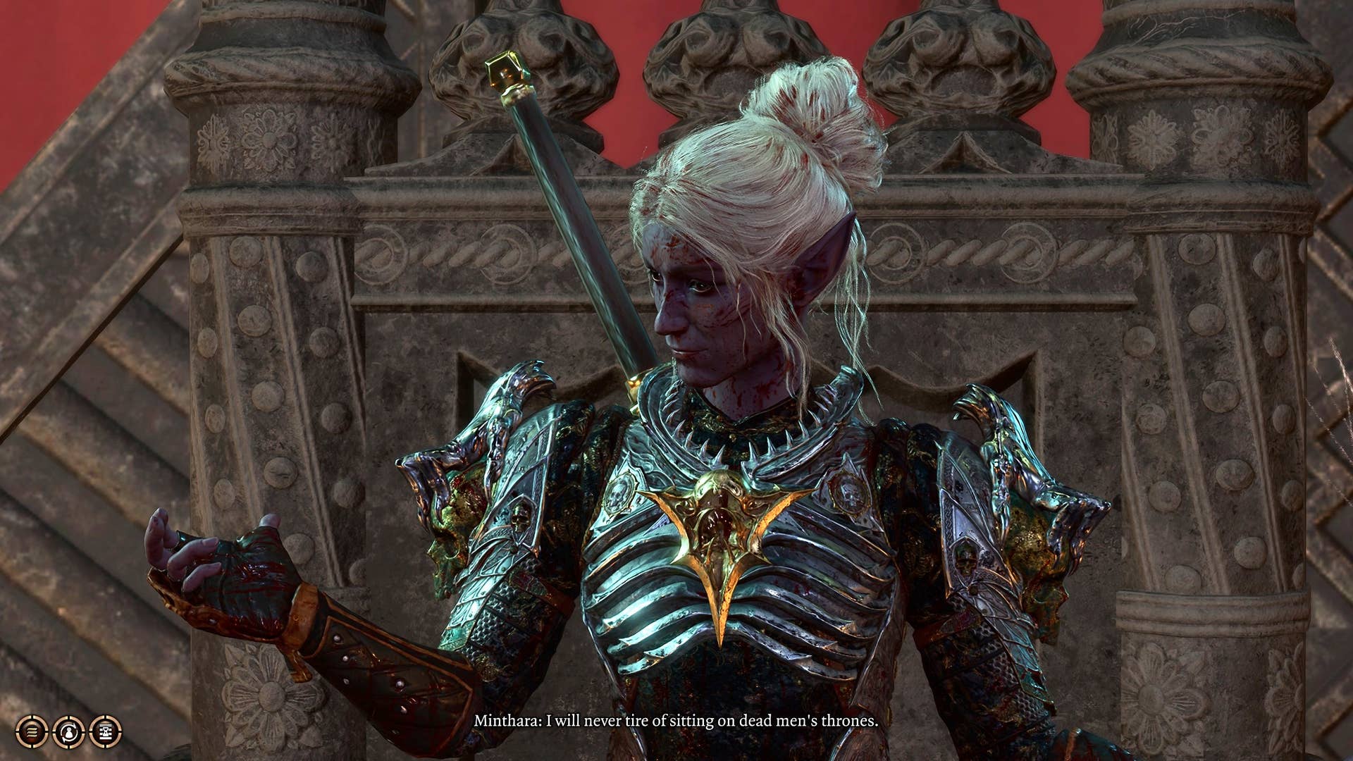 Minsthara do portão de Baldur 3, um elfo drow, visto aqui sentado em um trono de pedra, e exclamando como ela nunca se cansará de sentar -se em tronos de homens mortos. Lenda.