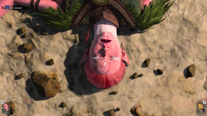 Looking down on a character in Baldur’s Gate 3 asleep - or unconscious - on a beach. We see their head and shoulders. They are feminine looking, with orange hair, pink skin, pointed ears, and a white neck tattoo. They are pretty darn cool.