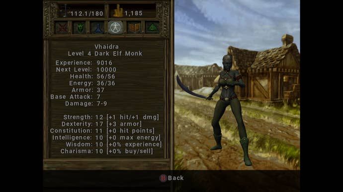 A character portrait of a dark elf monk in Dark Alliance 2. Disappointingly, she has visible knicker straps way up beyond where her trousers end, and a kind of bra top. Because all female-presenting adventurers would wear this kind of thing. Sigh. I suppose it was 2004.