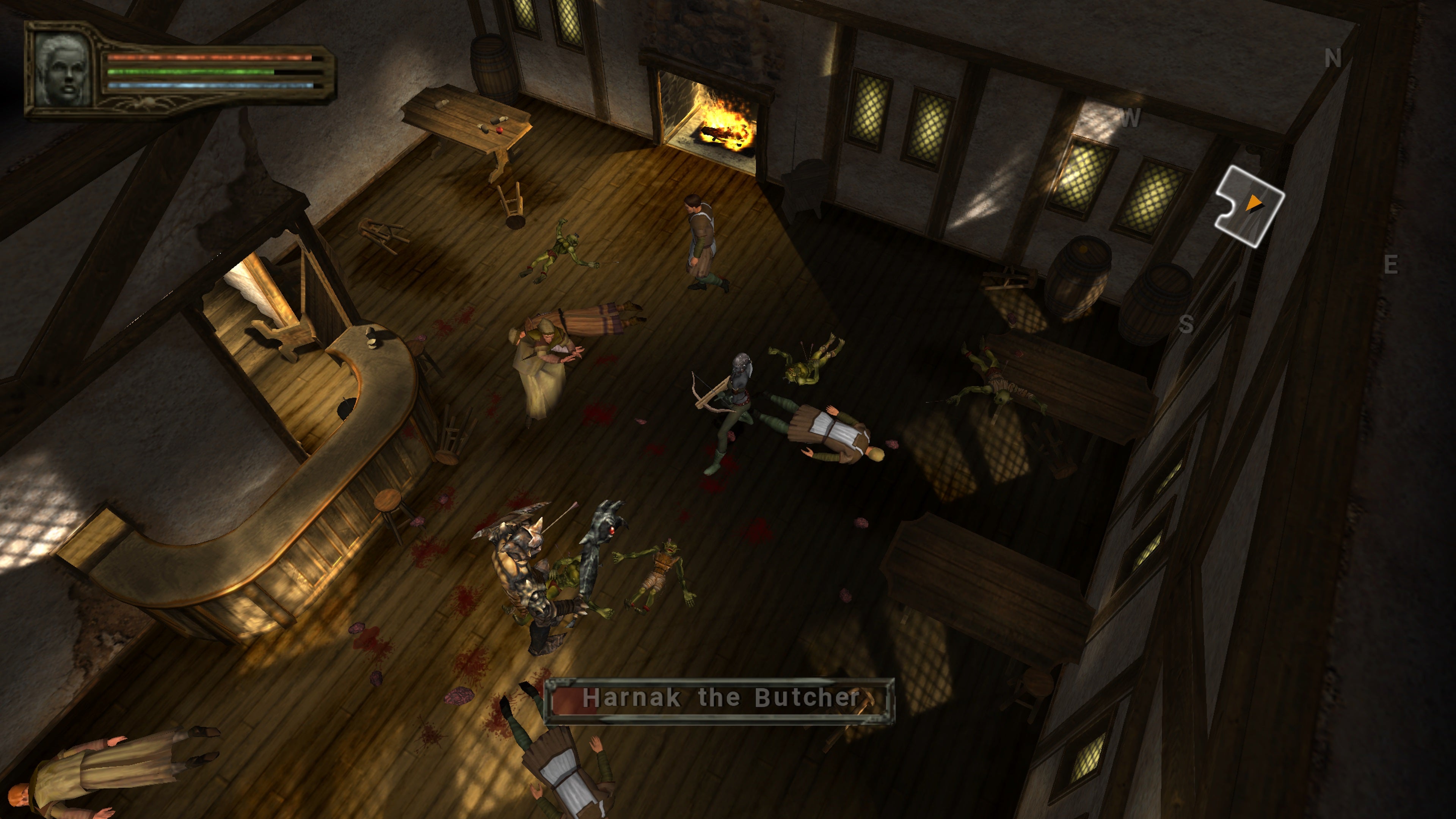 An inn is taken over by goblin bully-boy Harnak the Butcher, who is a tough cookie to beat. But Bertie does, with a crossbow, after many failed attempts hand-to-hand. The inn is strewn with the bodies of people killed in the attack.