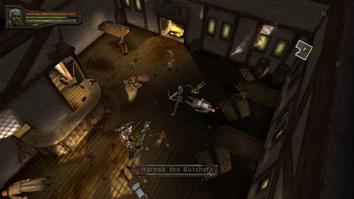 An inn is taken over by goblin bully-boy Harnak the Butcher, who is a tough cookie to beat. But Bertie does, with a crossbow, after many failed attempts hand-to-hand. The inn is strewn with the bodies of people killed in the attack.