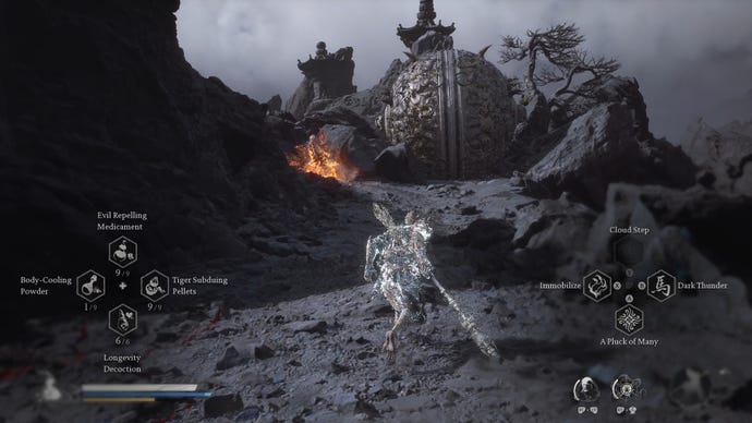 The Destined One uses Cloud Step to avoid an oncoming giant ball in Black Myth: Wukong.