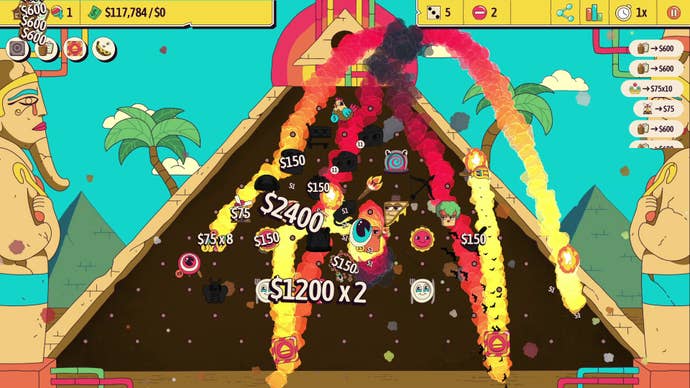 A pyramid containing several colourful cartoon explosions in Ballionaire.