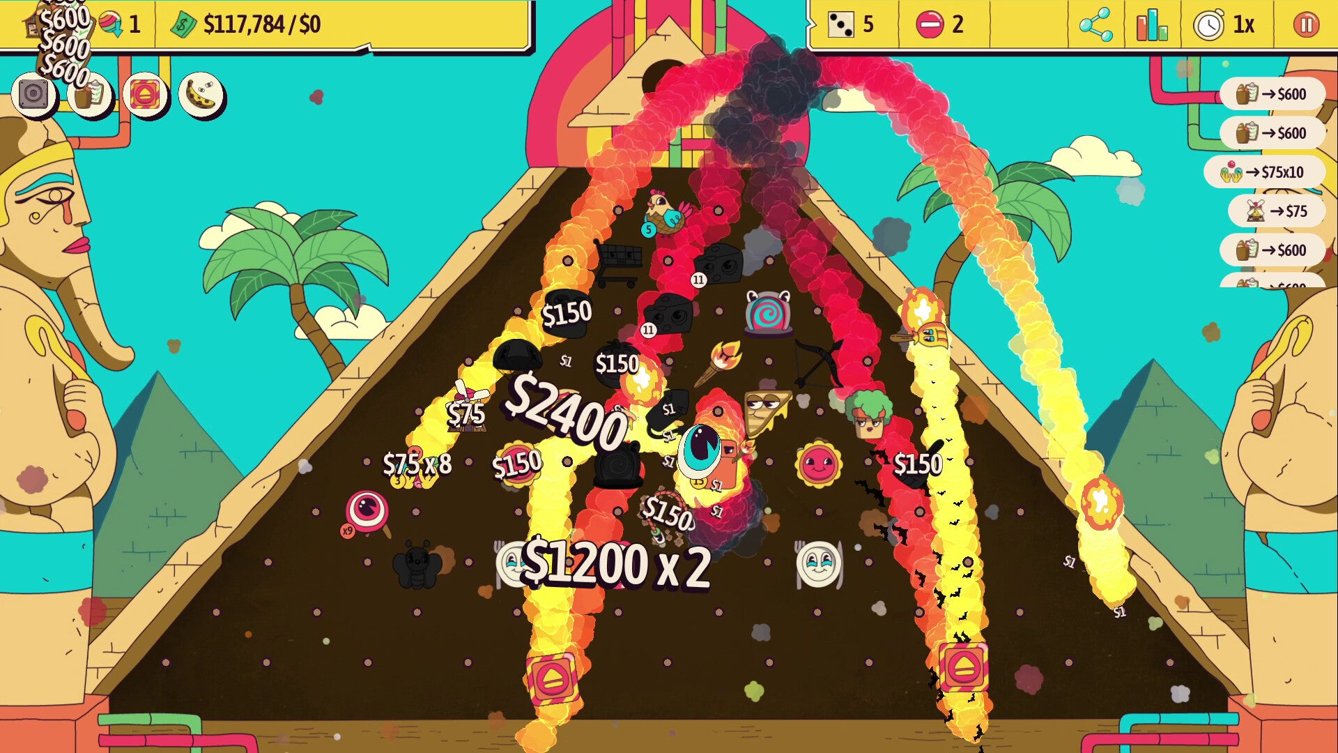 A pyramid containing several colourful cartoon explosions in Ballionaire. - 1